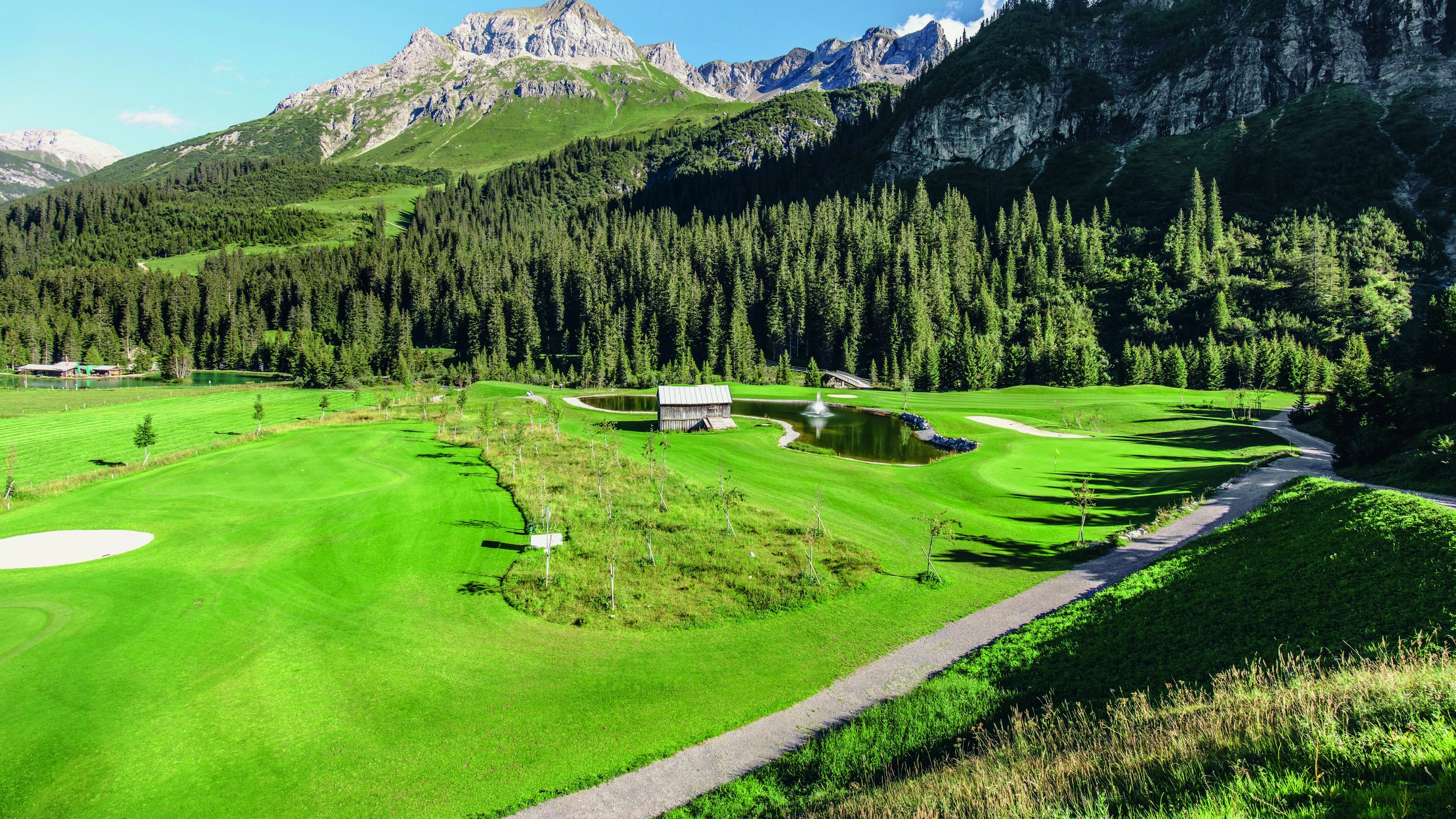 Majestic mountain backdrop Green meadows and mountains with clear skies, surrounded by dense woodland.